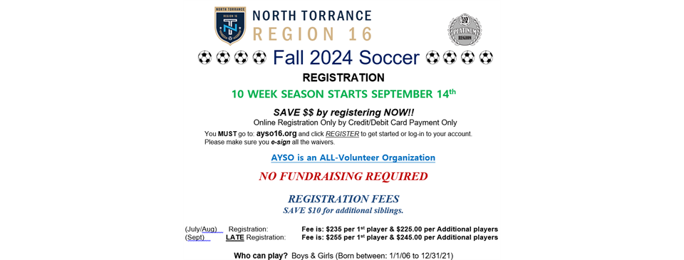Fall Registration-Season starts 9/14